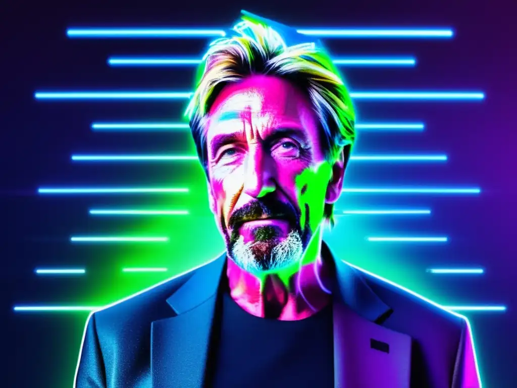 John McAfee en la historia de los antivirus, imagen impactante de glitch art que refleja su enigmática influencia en la protección digital