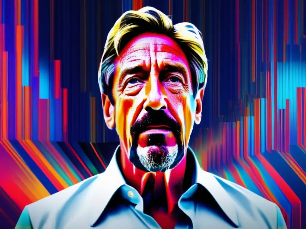 John McAfee en la historia de los antivirus: retrato glitch art intrigante y vibrante que simboliza su controvertida vida y trabajo