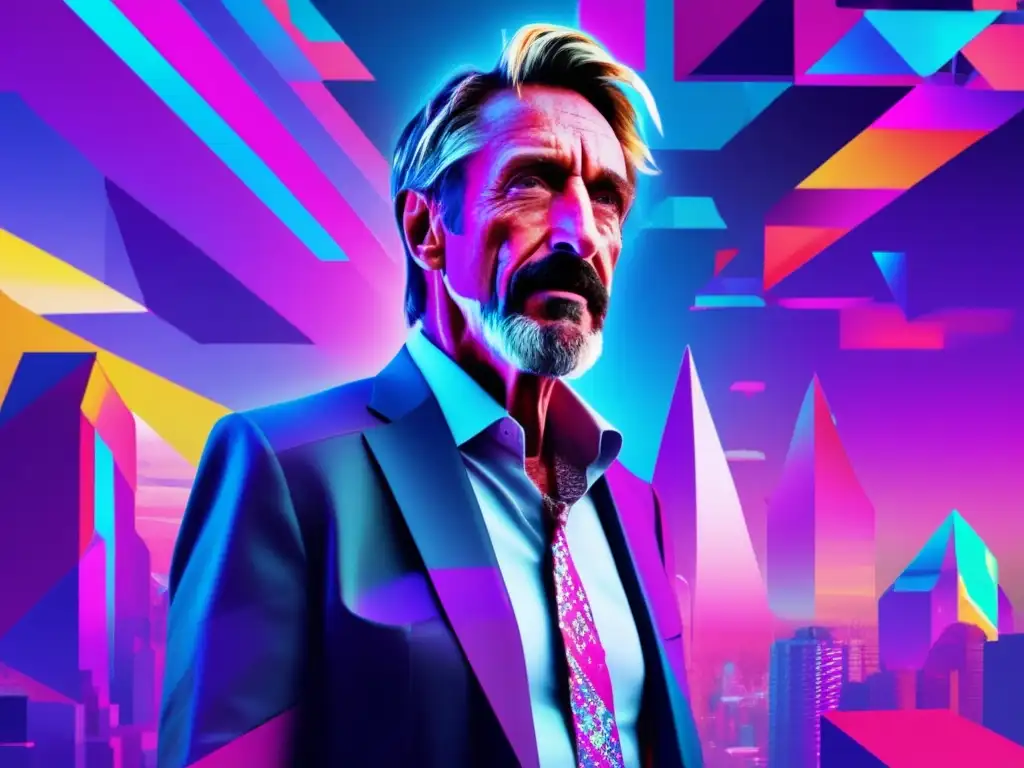 John McAfee en la historia de los antivirus en glitch art surrealista