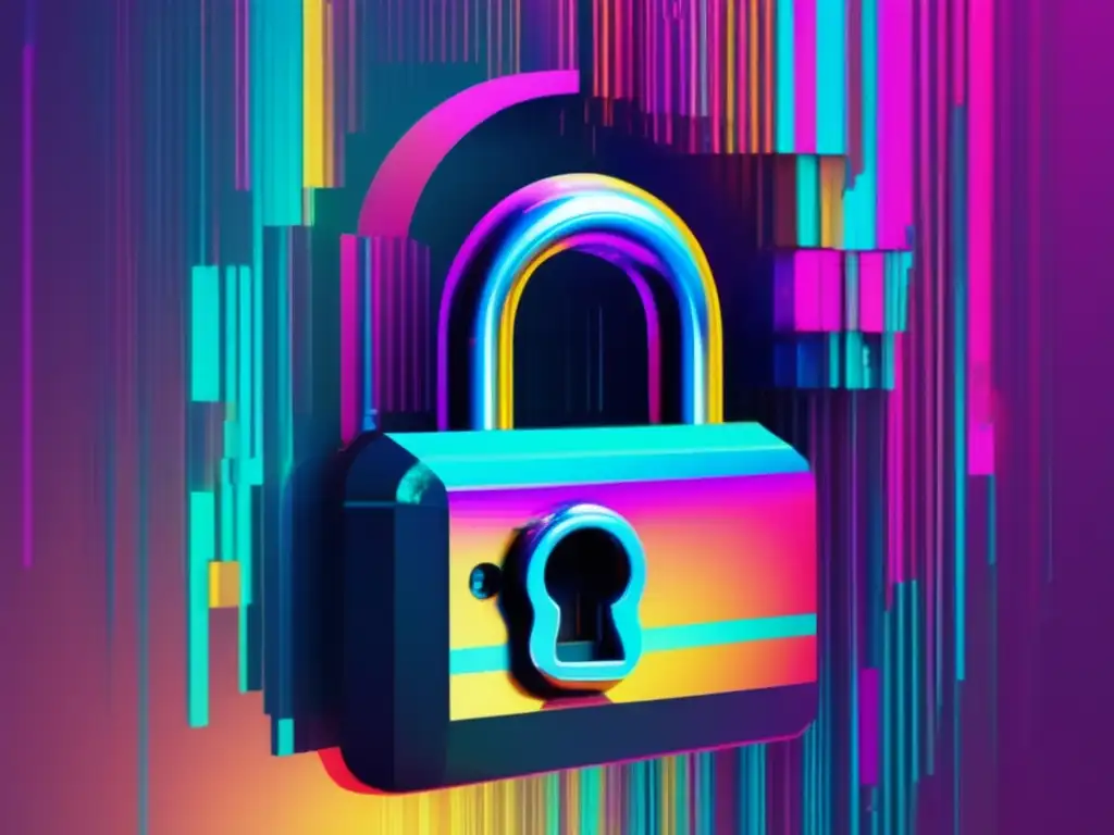 Historia ciberseguridad: Lock fragmentado en arte glitch, rodeado de caóticos glitches y distorsiones pixeladas