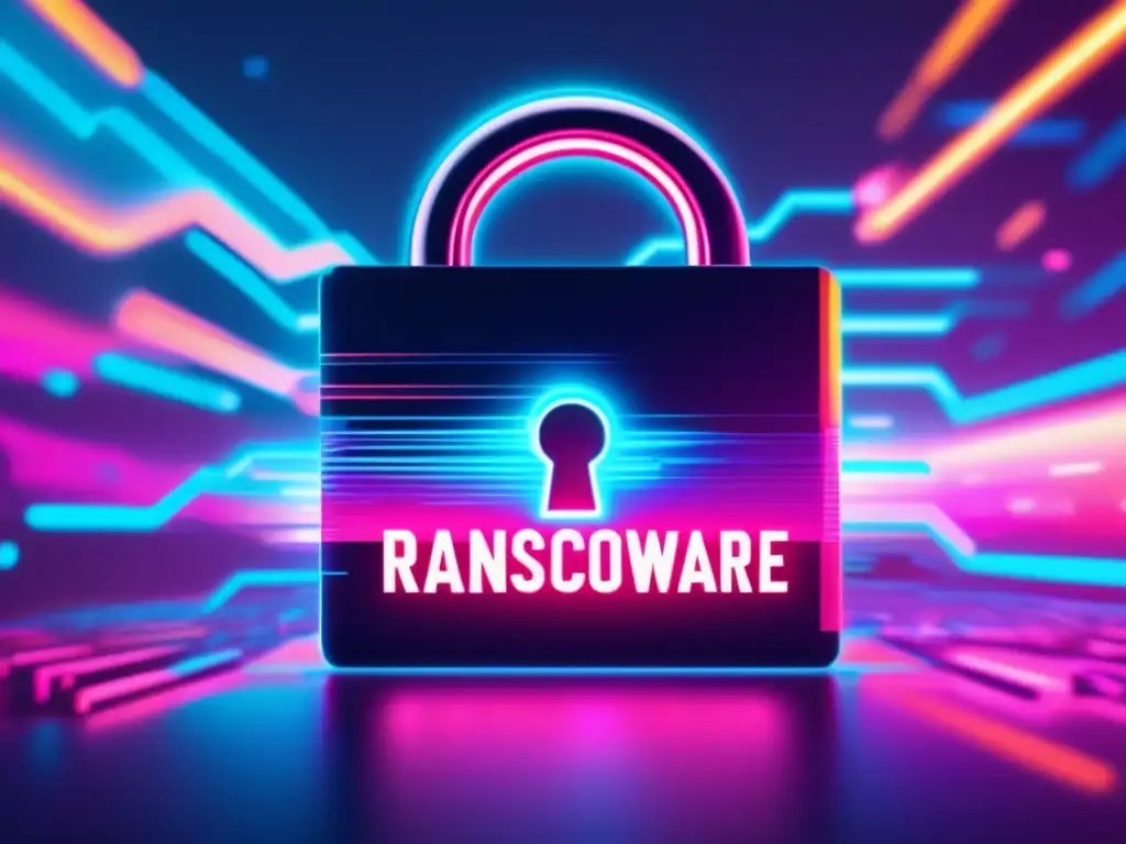 Historia ransomware amenaza global - Imagen impactante de glitch art que representa la evolución del ransomware en un paisaje distópico con luces neón