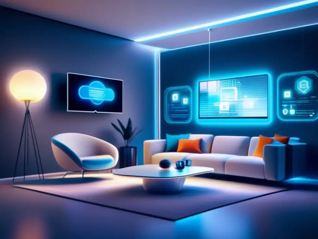 Hogar inteligente: Privacidad en riesgo - Sala futurista con muebles sleek y dispositivos smart