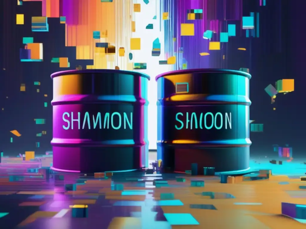 Imagen: Amenazas ciberseguridad Shamoon virus - Glitch art impactante con colores vibrantes y patrones distorsionados