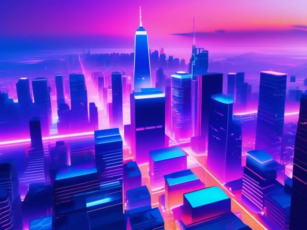 Imagen glitch art 8k de ciudad futurista en efecto glitch, simbolizando beneficios del modelo Zero Trust en ciberseguridad