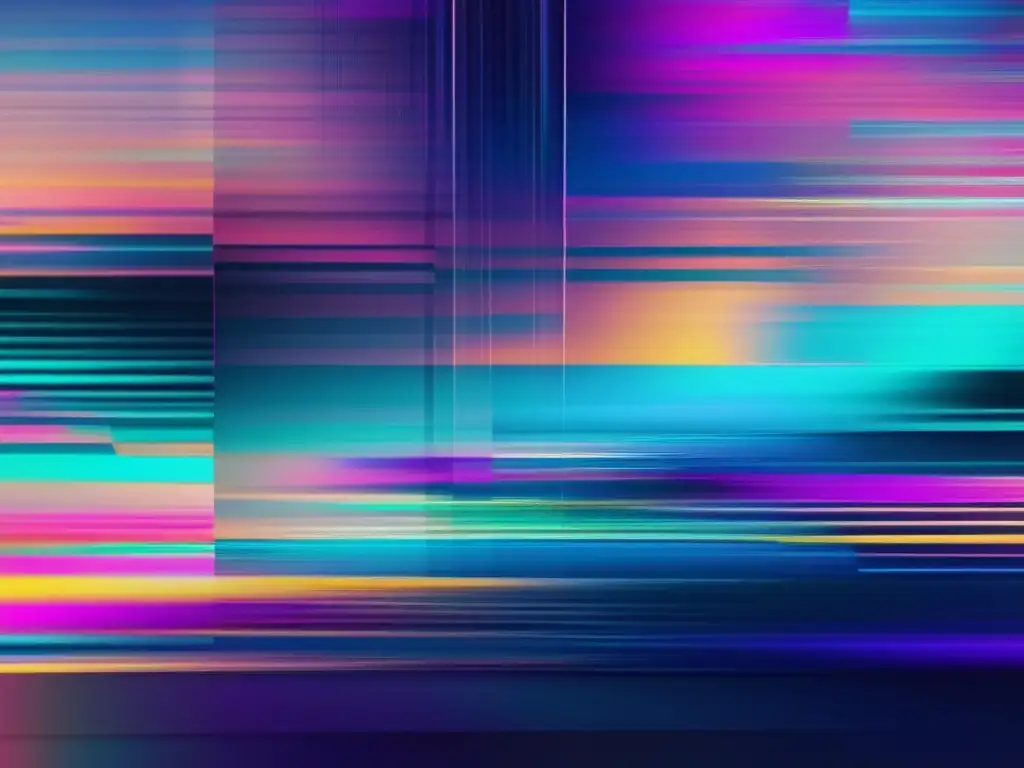 Imagen de glitch art 8k con colores vibrantes y formas distorsionadas que representa la ética en la reputación corporativa