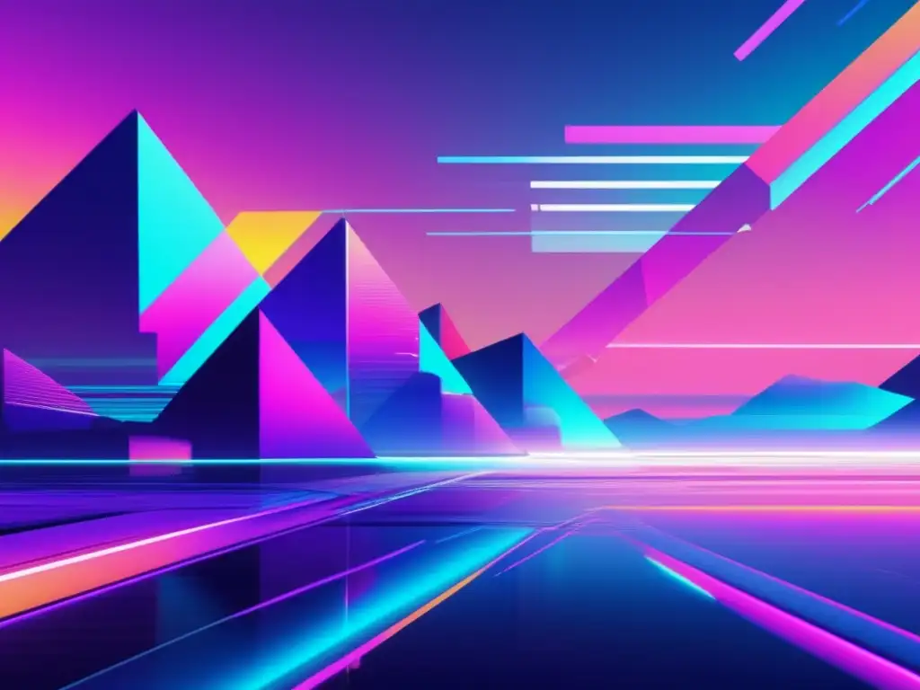 Imagen: Glitch art de un paisaje futurista con formas geométricas y colores vibrantes