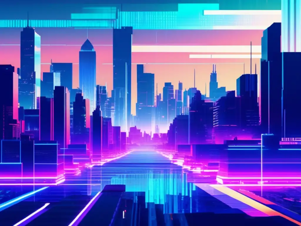 Imagen glitch art: Ciudad futurista protegida, reducción de riesgo y mayor control en ciberseguridad