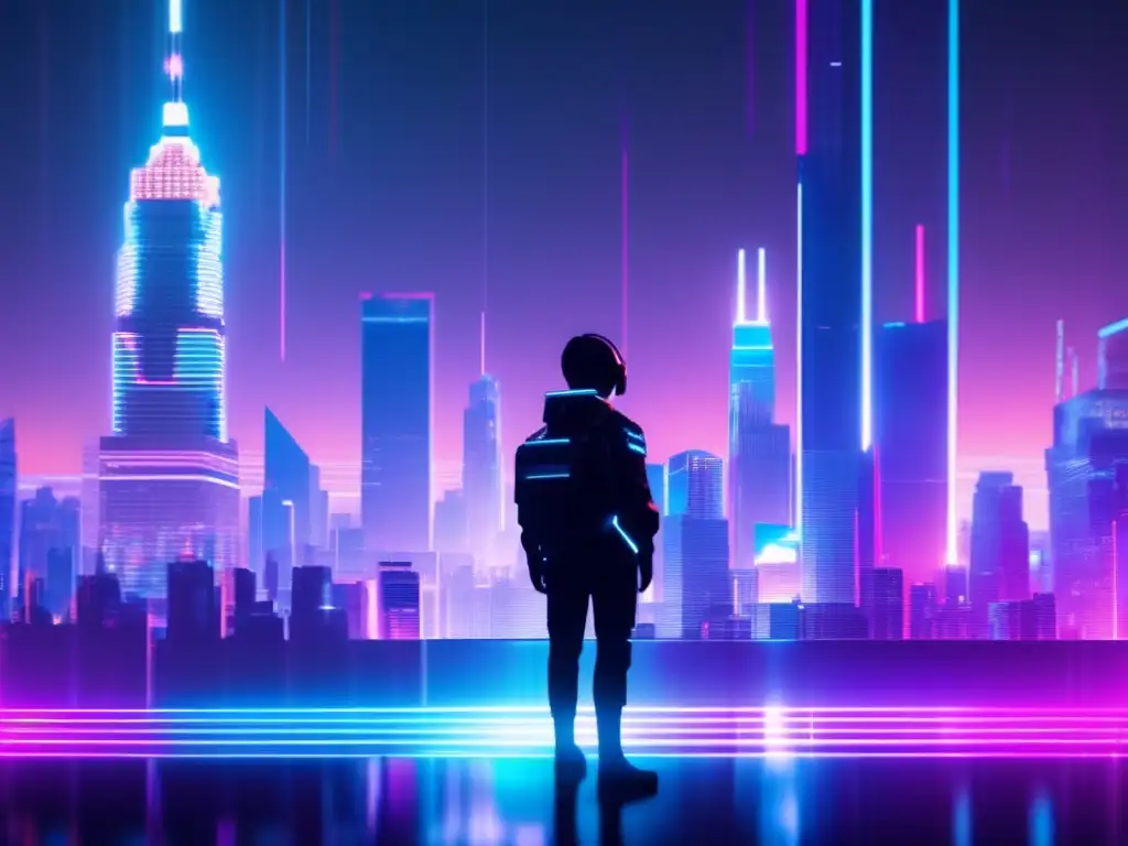 Imagen de arte de fallos con ciudad futurista y figura digital, representando patentes revolucionarias de ciberseguridad 2023