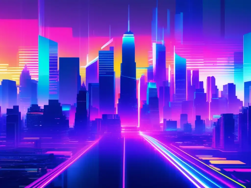 Imagen de arte glitch con ciudad futurista y monitoreo postincidente ciberseguridad