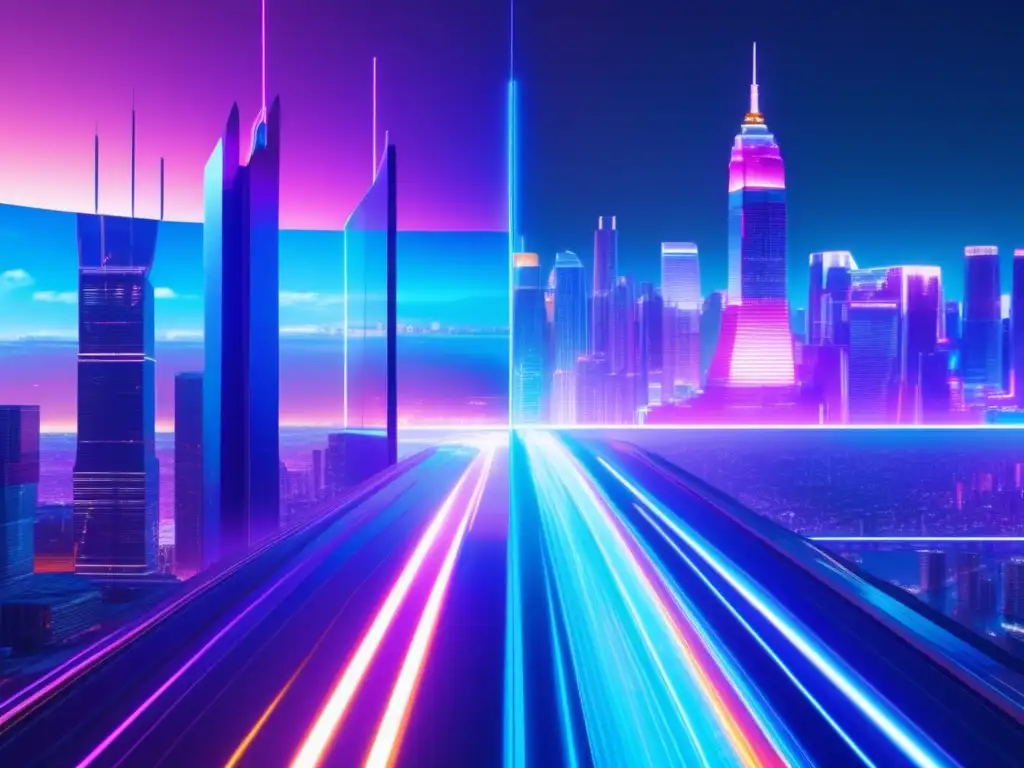 Glitch art: ciudad futurista y efectos de antivirus Imagen de arte glitch en 8k: ciudad futurista, velocidad y conflicto entre antivirus y rendimiento informático