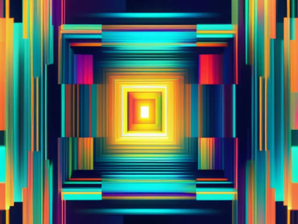 Imagen de arte glitch con colores vibrantes y distorsionados, representando un caleidoscopio digital