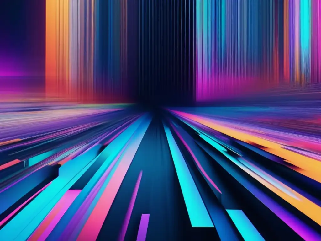 Imagen de arte glitch en 8K con elementos distorsionados y colores vibrantes, representando amenazas a la privacidad en conversaciones digitales