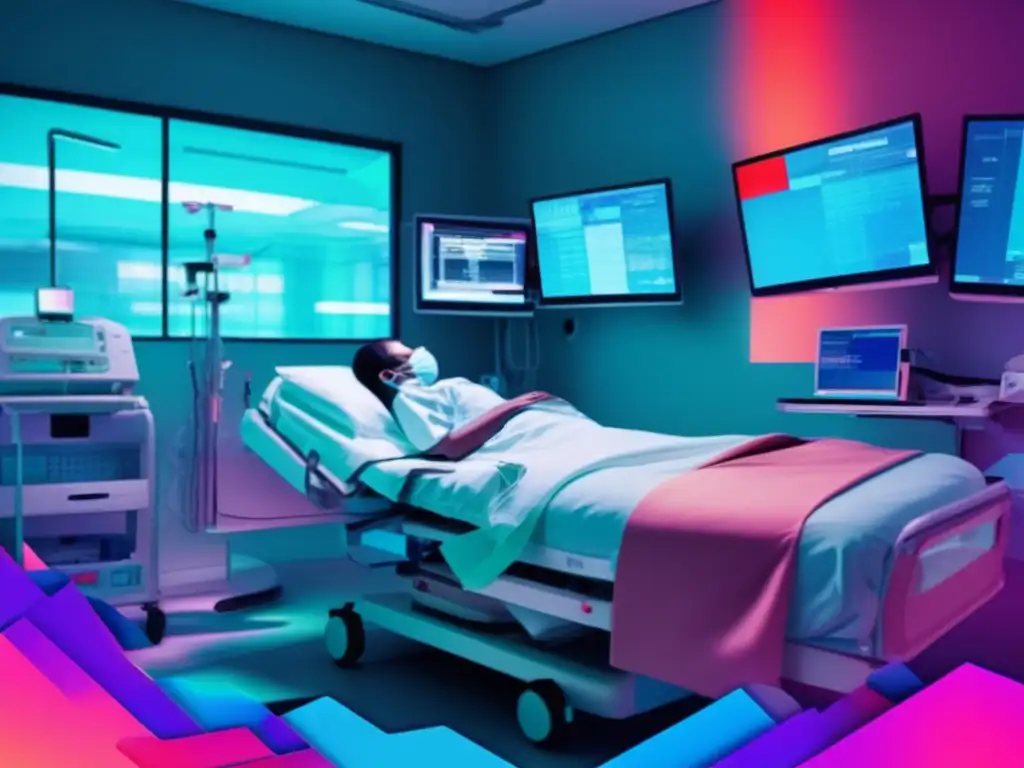 Imagen de arte glitch que representa una habitación de hospital con colores vibrantes y visuales fragmentados