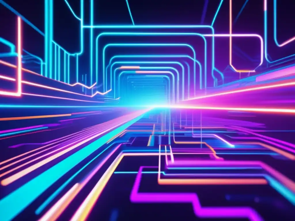 Imagen de arte glitch 8k que representa una red de circuitos interconectados y caminos digitales, con colores neon y líneas distorsionadas