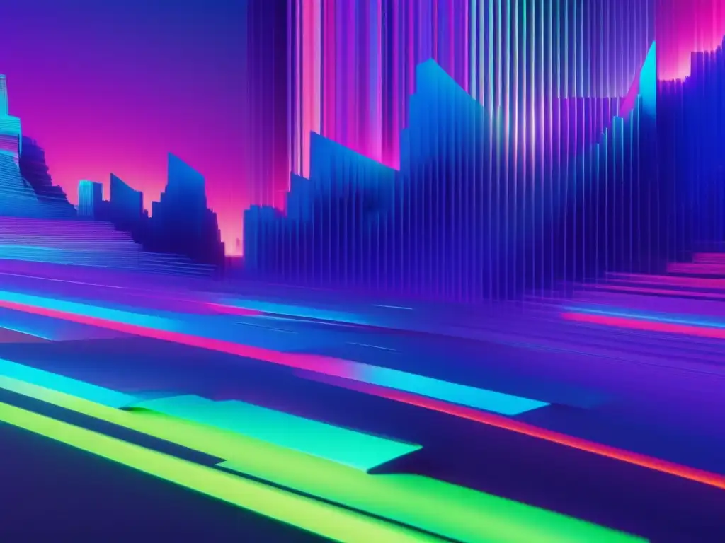 Imagen de arte glitch 8k con paisaje digital caótico y vibrante