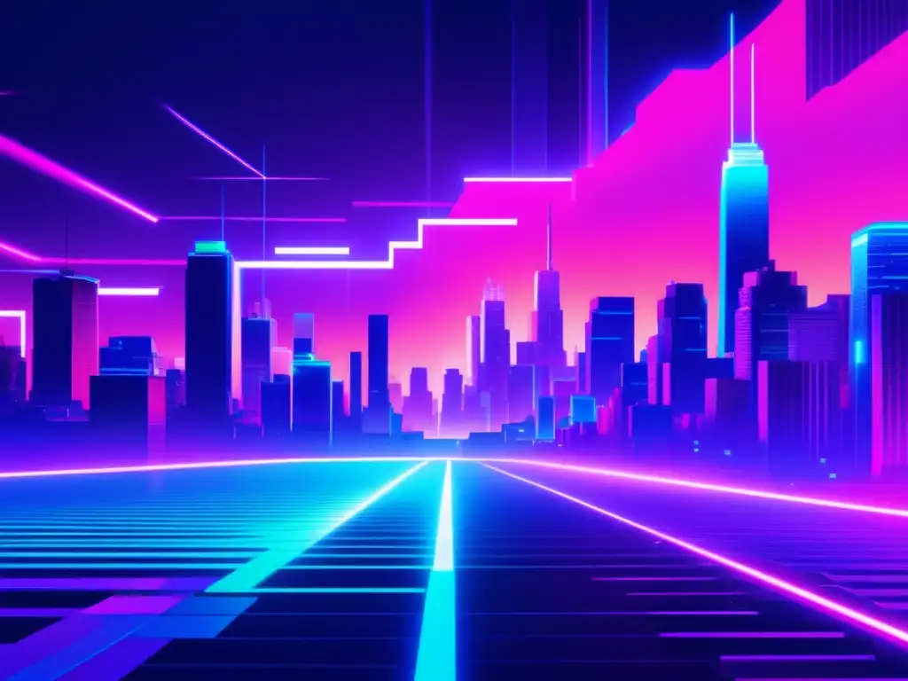 Imagen de arte glitch 8k con paisaje urbano futurista y esteganografía en la era digital