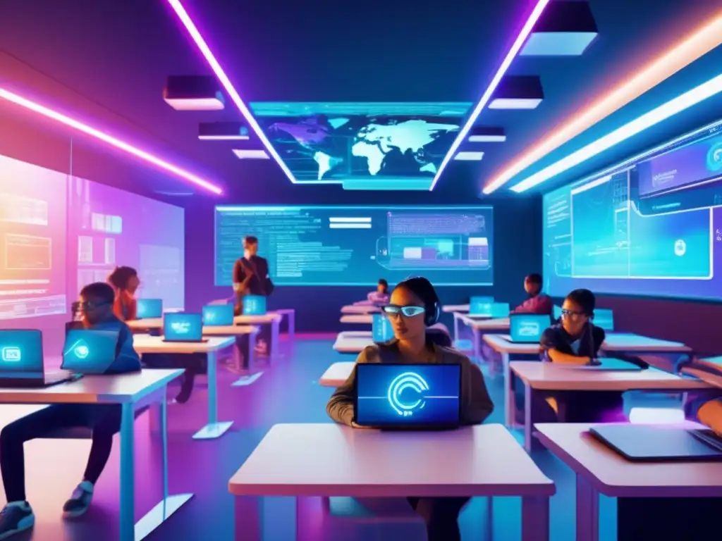 Imagen de aula futurista con tecnología y ciberseguridad, transmitiendo importancia educación ciberseguridad nuevas generaciones