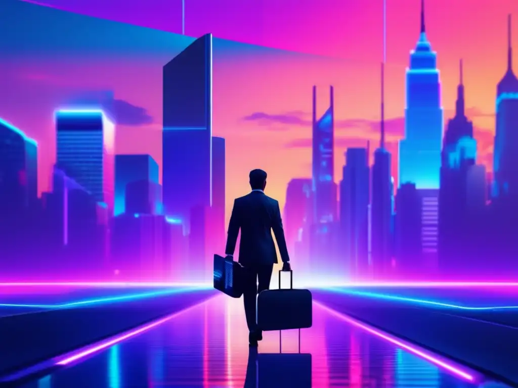 Imagen: Formación en ciberseguridad avanzada con glitch art de ciudad futurista, neon lights y skyline