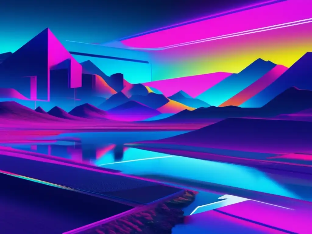 Imagen de cifrado extremo a extremo: paisaje digital futurista con colores neón y efectos glitch, resaltando la importancia del cifrado