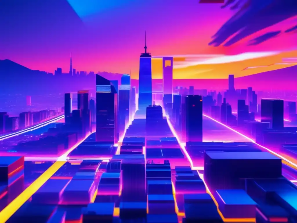 Imagen de ciudad futurista al atardecer con efecto glitch, representando una VPN segura para principiantes