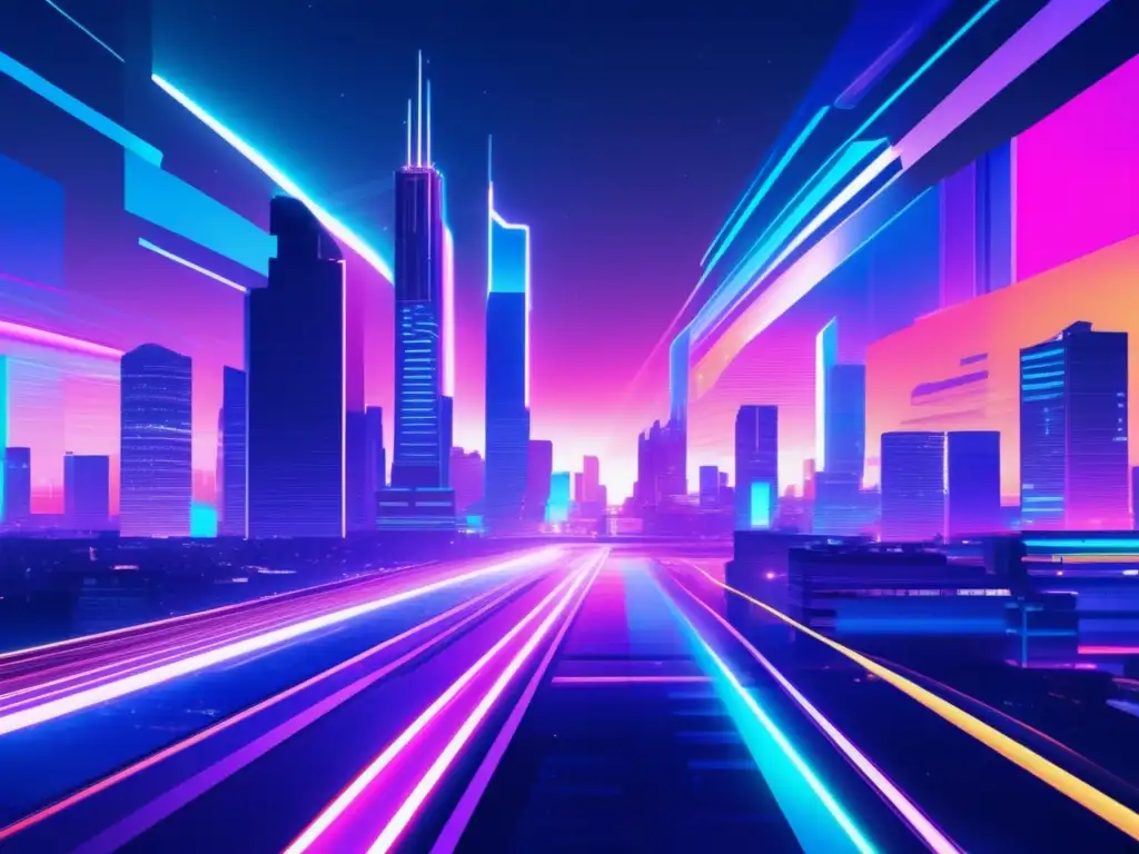 Imagen de ciudad futurista iluminada con luces neón y efecto glitch, que representa la intersección entre ciberseguridad y el mundo digital