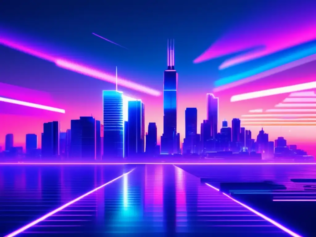 Imagen de ciudad futurista con luces neón, arquitectura fusionada y efecto glitch