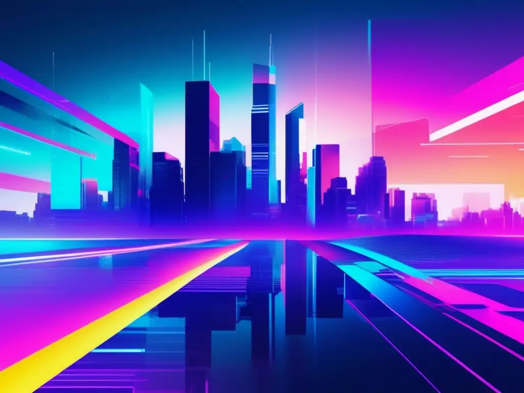 Imagen de ciudad futurista con rascacielos elegantes y glitch, representando los principios de desarrollo seguro