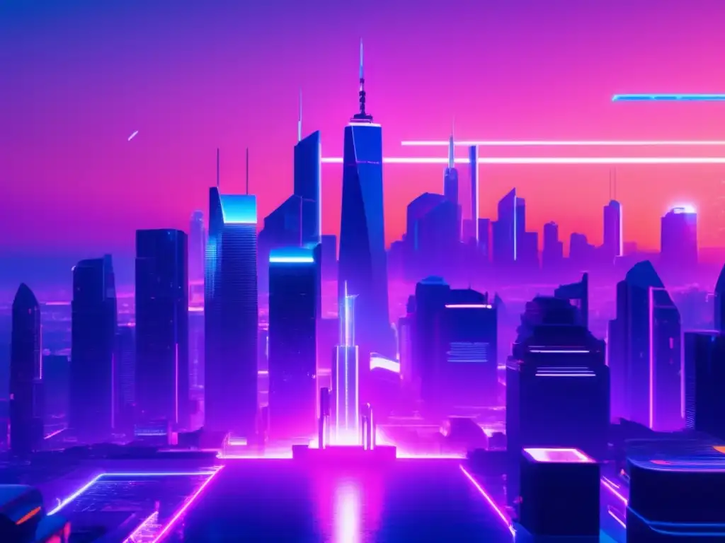 Imagen de ciudad futurista al anochecer con rascacielos y luces neón vibrantes