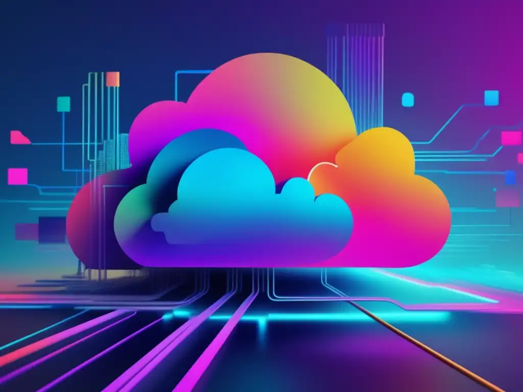 Imagen de infraestructura cloud con colores vibrantes y patrones distorsionados que representa la complejidad y seguridad en la nube