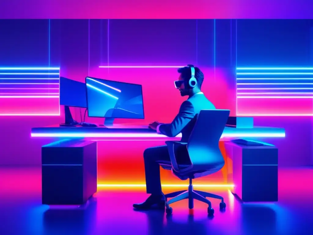 Oficina futurista con teletrabajador Imagen: Espacio de oficina futurista con teletrabajador en escritorio tecnológico