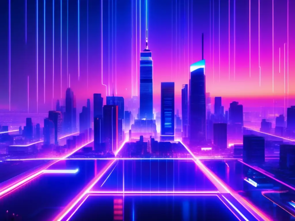 Imagen 8k con estilo glitch de una ciudad futurista al anochecer, con rascacielos iluminados por neones