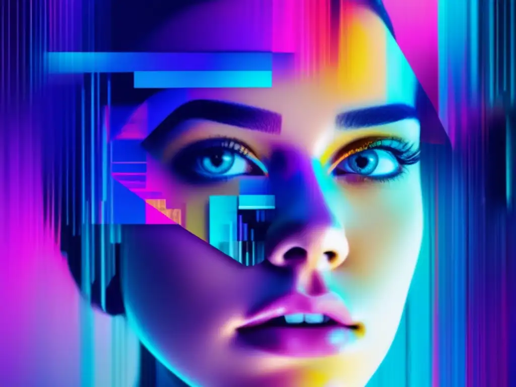 Imagen 8k con estilo glitch de un rostro distorsionado por estafador online fraude y psicología