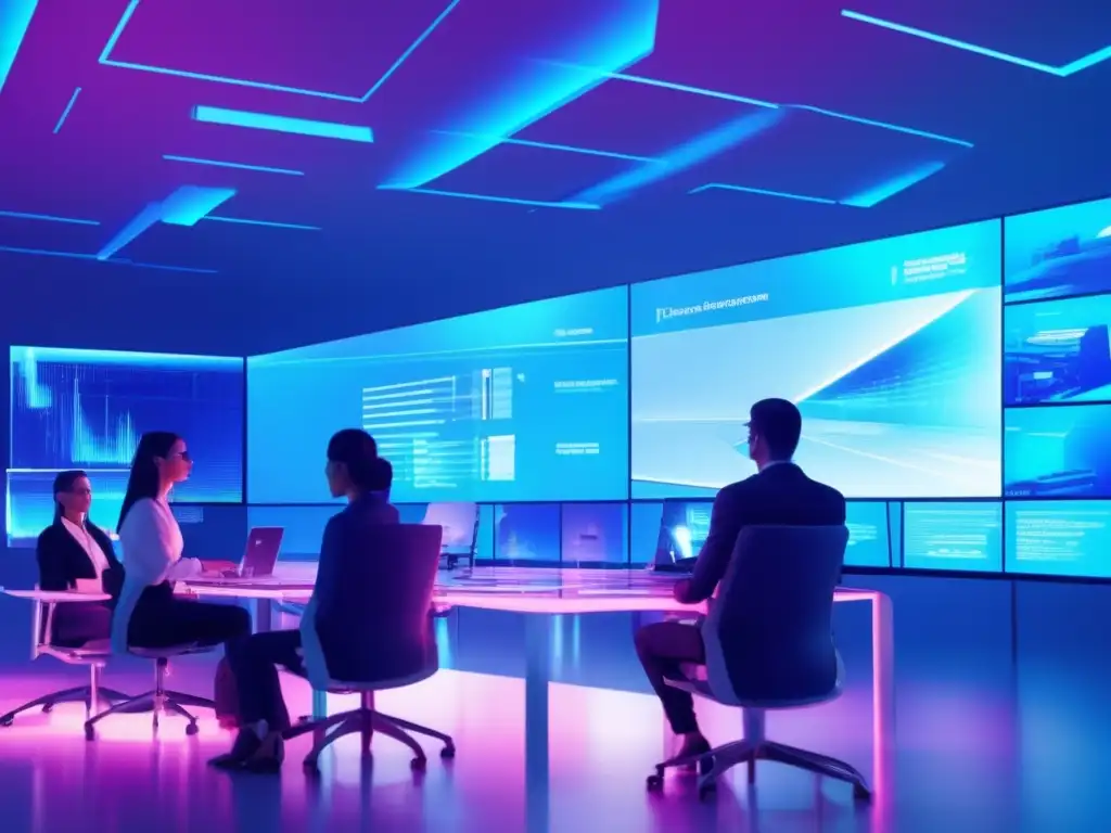 Entrenamiento anti-phishing en oficina futurista Imagen: Estrategias de defensa Phishing corporativo en oficina futurista con efecto glitch surrealista (110 caracteres)