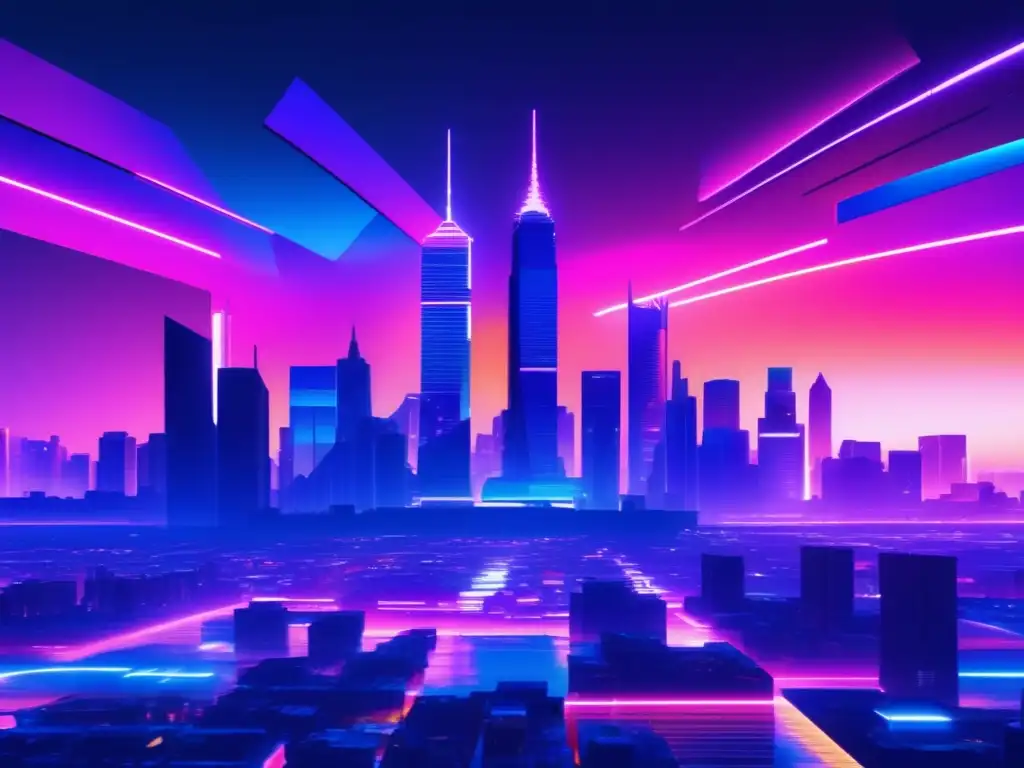 Ciudad futurista con tecnología avanzada Imagen: Futurista ciudad nocturna con rascacielos iluminados por luces neón