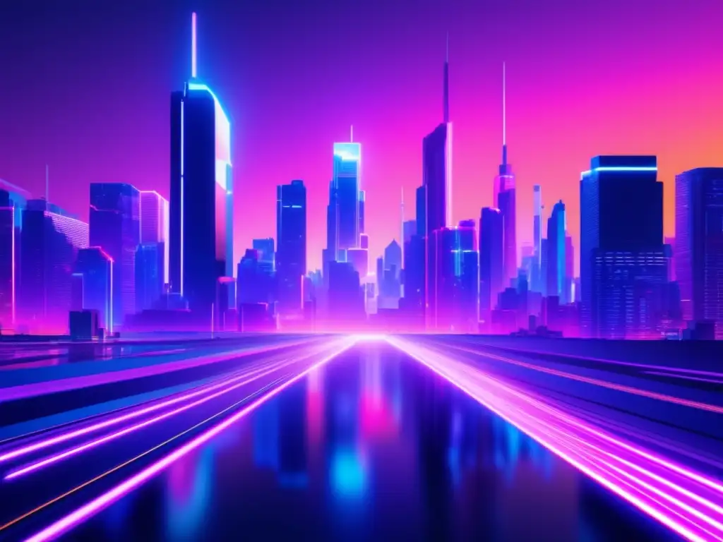 Imagen: Futurista ciudad con rascacielos glitch art, luces neón, figura cibernética y visor azul