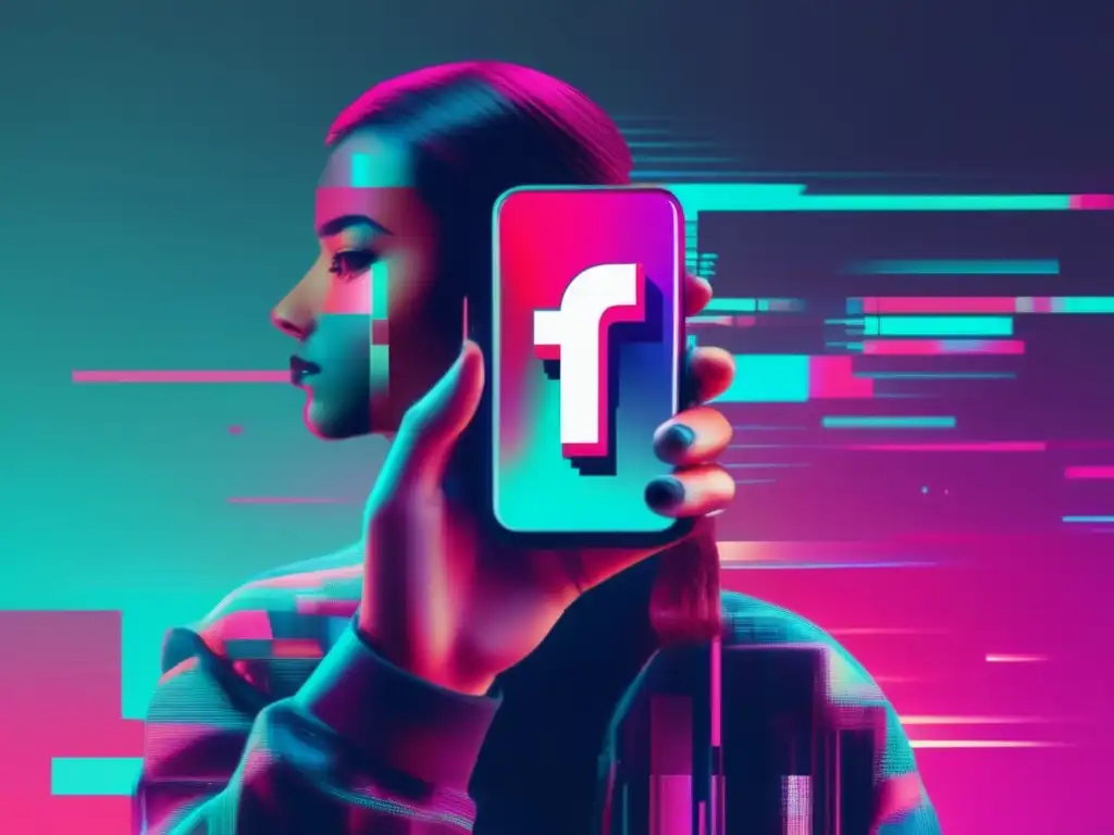 Imagen impactante de arte de falla con retrato distorsionado y pixelado de persona sosteniendo smartphone con logo TikTok en pantalla