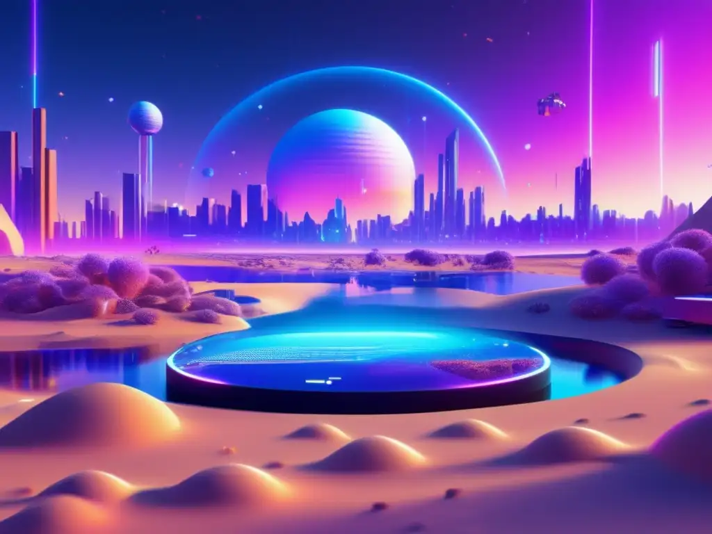 Imagen de un mundo virtual futurista con un sandbox glitched y elementos digitales y físicos