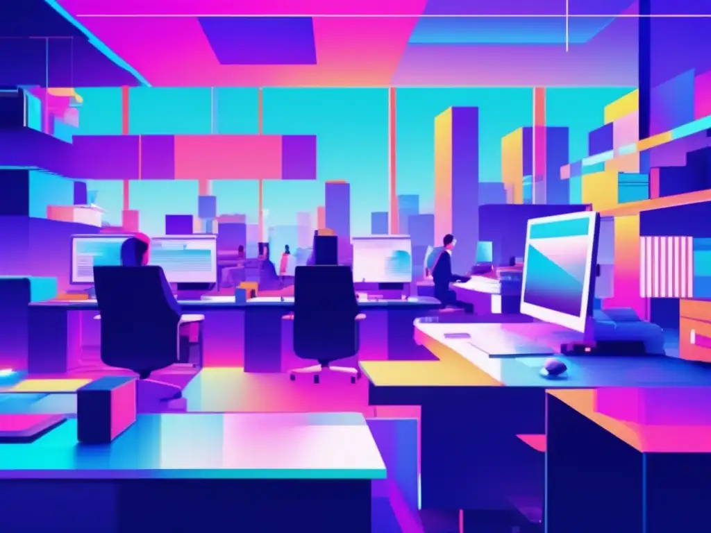 Imagen: Oficina con empleados trabajando, glitch art de ciberataques a pequeñas empresas