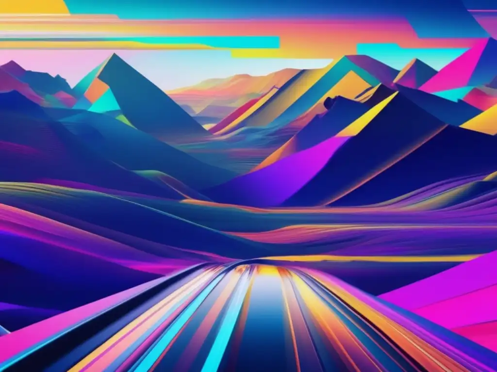 Imagen de glitch art: Paisaje digital caótico y futurista, con efecto glitch y colores ciberpunk