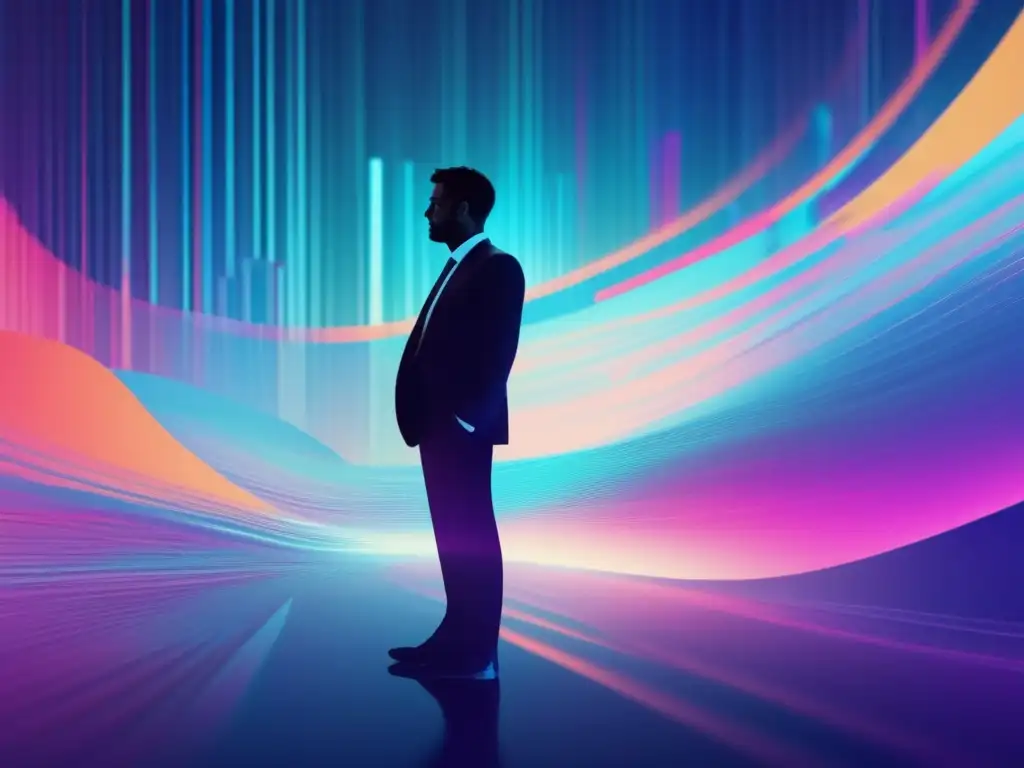 Paisaje digital disruptivo con código y persona Imagen de paisaje digital con código y glitch, personaje vestido de traje