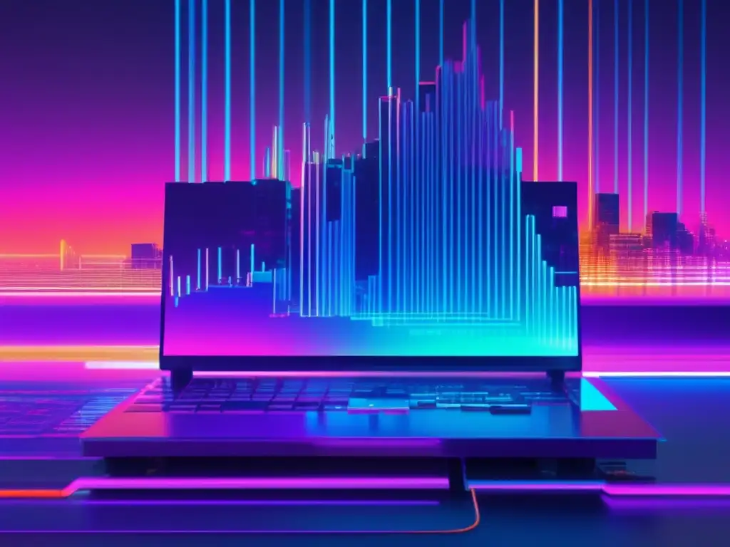 Imagen: Paisaje digital con colores neón vibrantes, capas glitch con elementos de auditorías de seguridad y símbolo de vulnerabilidad