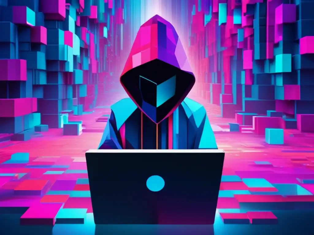 Imagen de paisaje digital fragmentado con colores vibrantes y figura central de Ransomware WannaCry