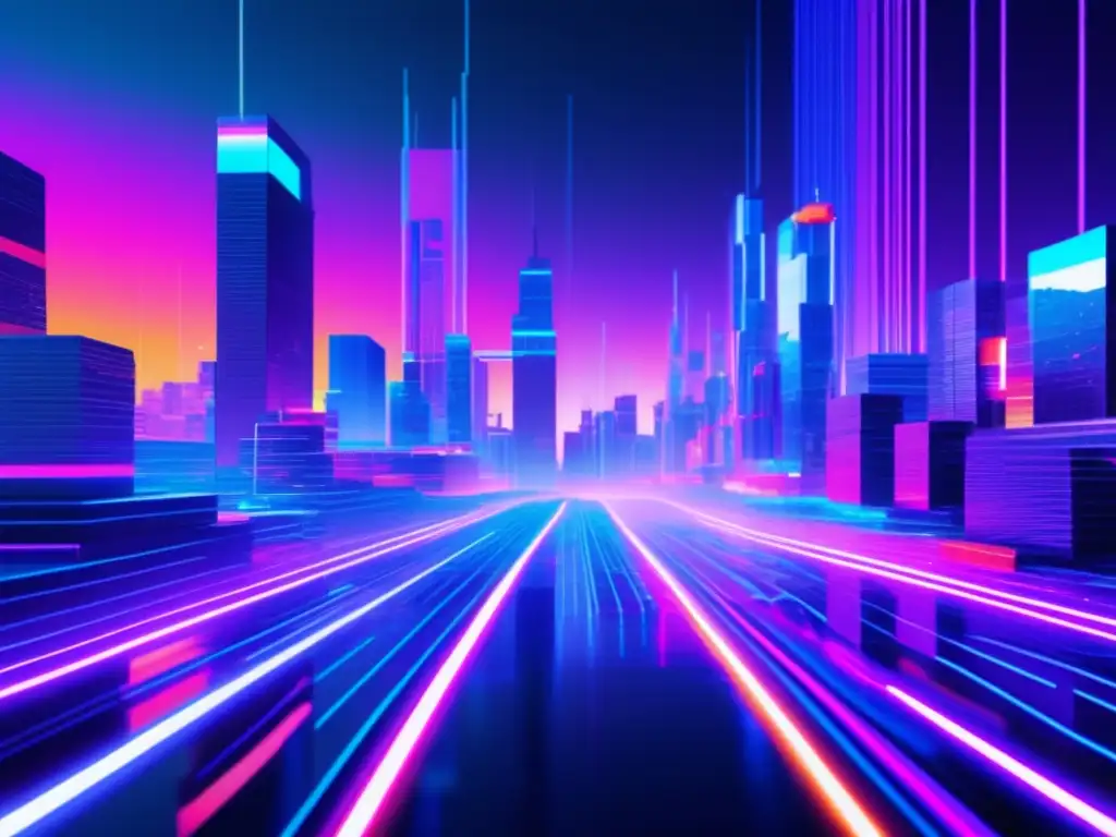 Imagen 8K de paisaje digital futurista con glitch art y ciberseguridad