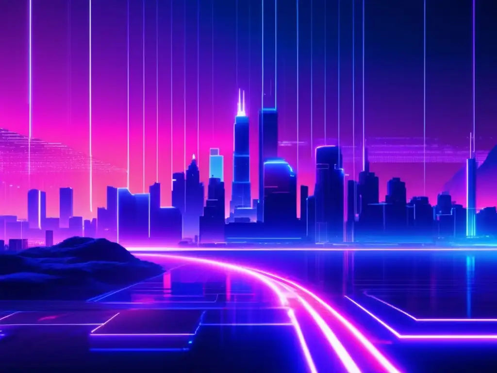 Imagen de paisaje digital futurista con código pixelado