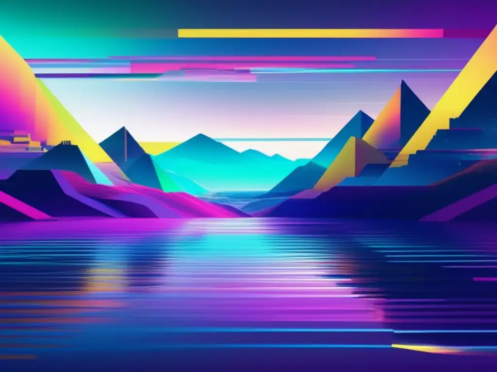 Imagen Glitch Art de paisaje distorsionado con colores vibrantes y formas fragmentadas