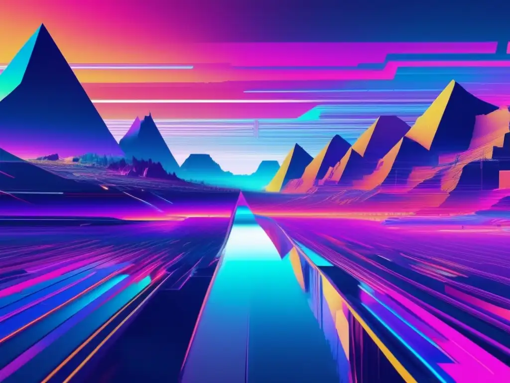 Imagen: Paisaje glitch con colores neon y elementos de malware