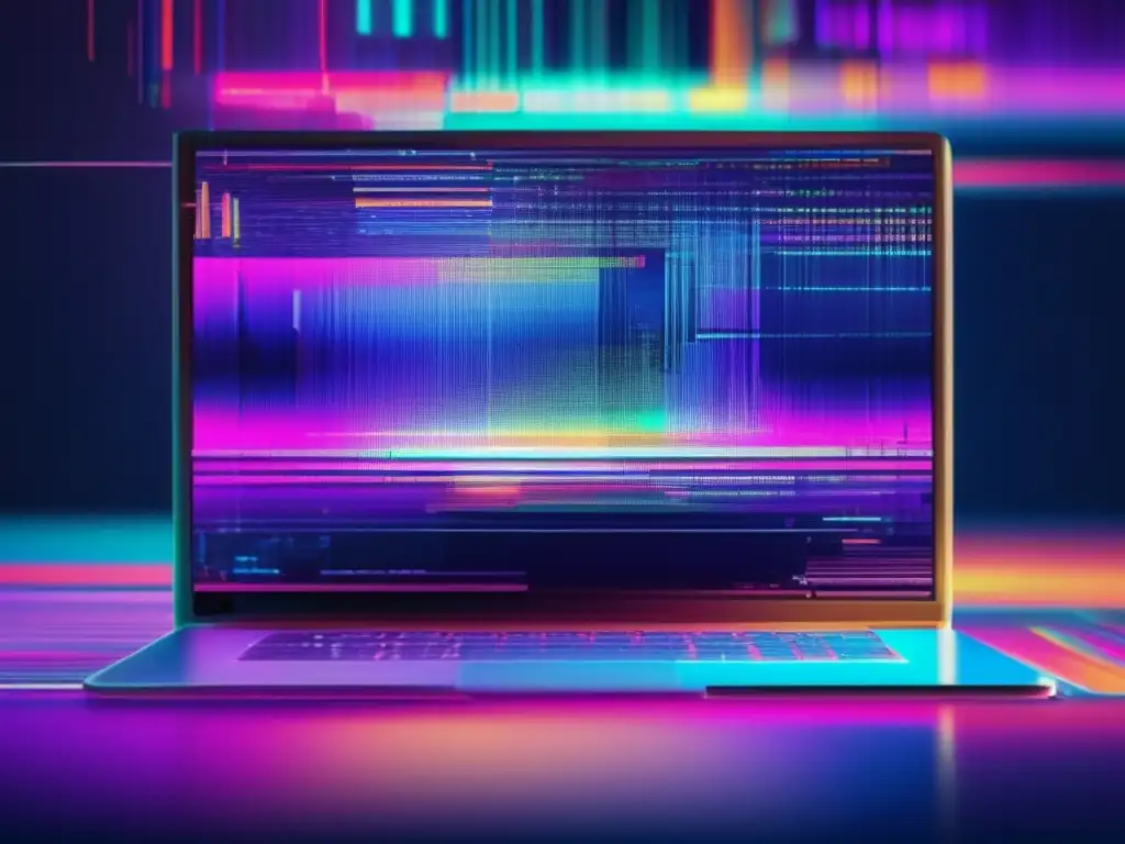 Imagen de pantalla de computadora con código fragmentado, imágenes distorsionadas y efecto glitch