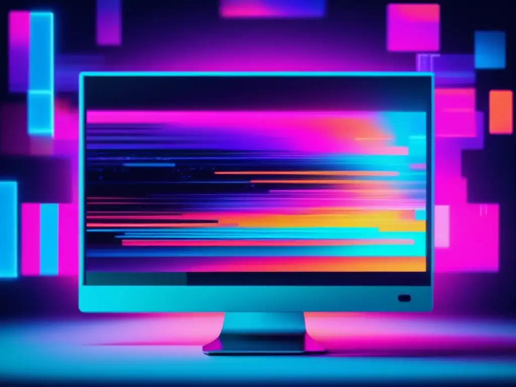 Imagen: Pantalla de ordenador glitchada con arte glitch, mostrando archivos encriptados