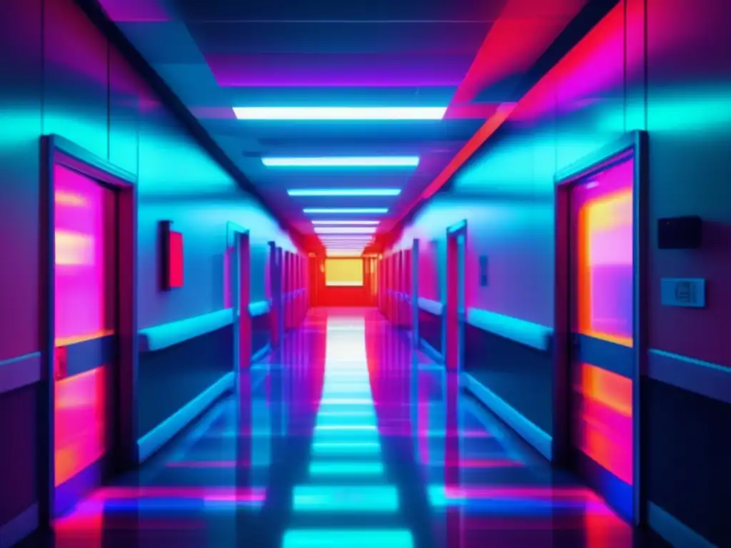 Imagen de un pasillo de hospital con luces parpadeantes y paredes distorsionadas, representando el impacto del ransomware en sistemas hospitalarios