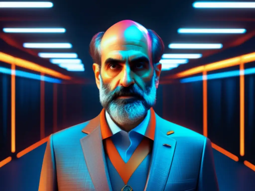 Imagen de Bruce Schneier, pensador crítico en ciberseguridad, en estilo glitch (8K)